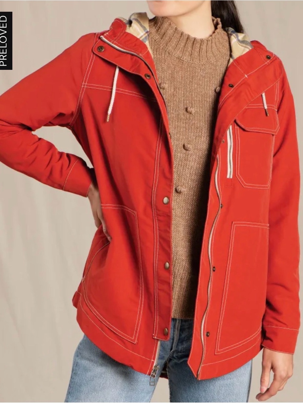 Toad&Co Red Hooded Utility Jacket with Contrast Stitching Size Medium